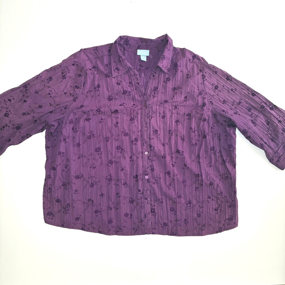 Liz & Me 4XL Button Up Shirt Embroidered Floral Eyelet Purple Feminine Cottage